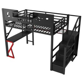 Metal Full Size Loft Bed With Stairs, High Guardrails And Beside Storage Shelf
