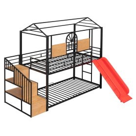 Metal Twin Over Twin Bunk Bed With Slide And Storage Stair