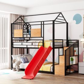 Metal Twin Over Twin Bunk Bed With Slide And Storage Stair