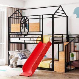 Metal Twin Over Twin Bunk Bed With Slide And Storage Stair