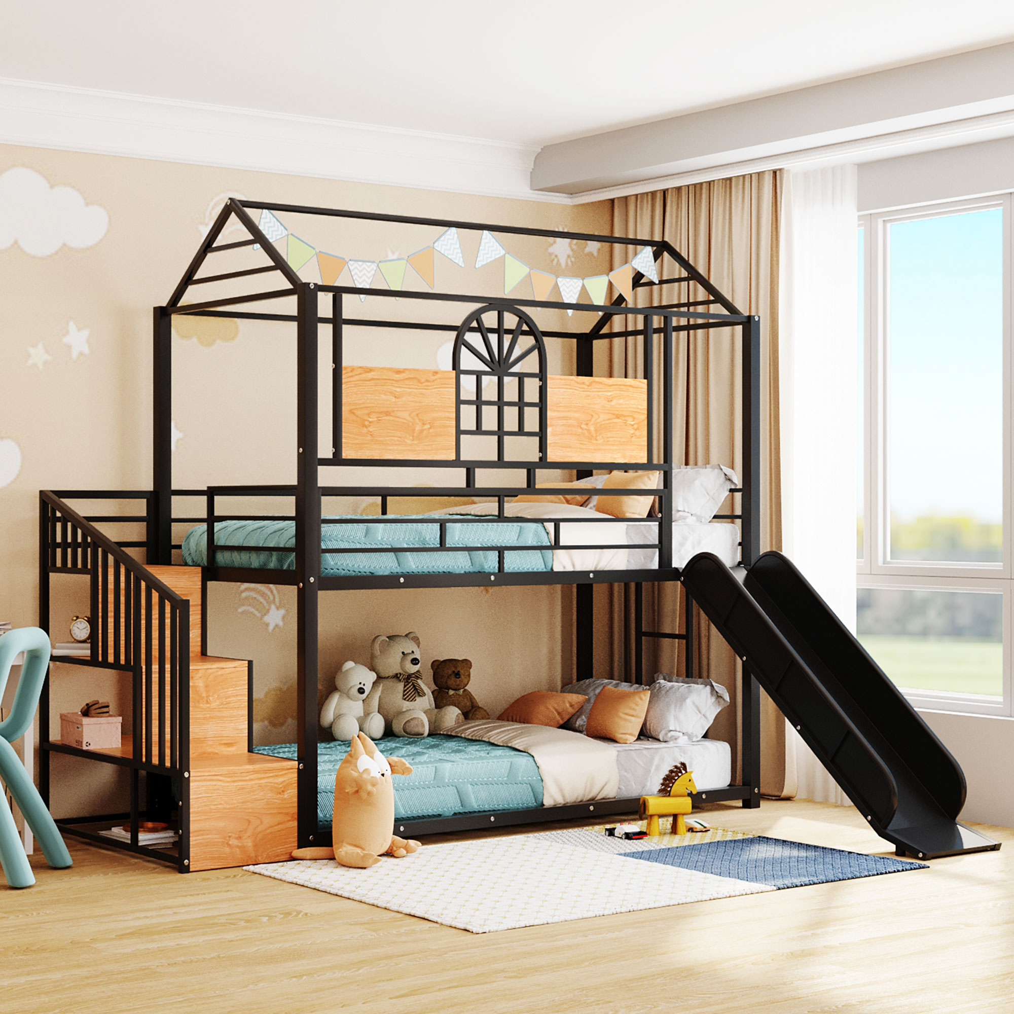 Metal Twin Over Twin Bunk Bed With Slide And Storage Stair