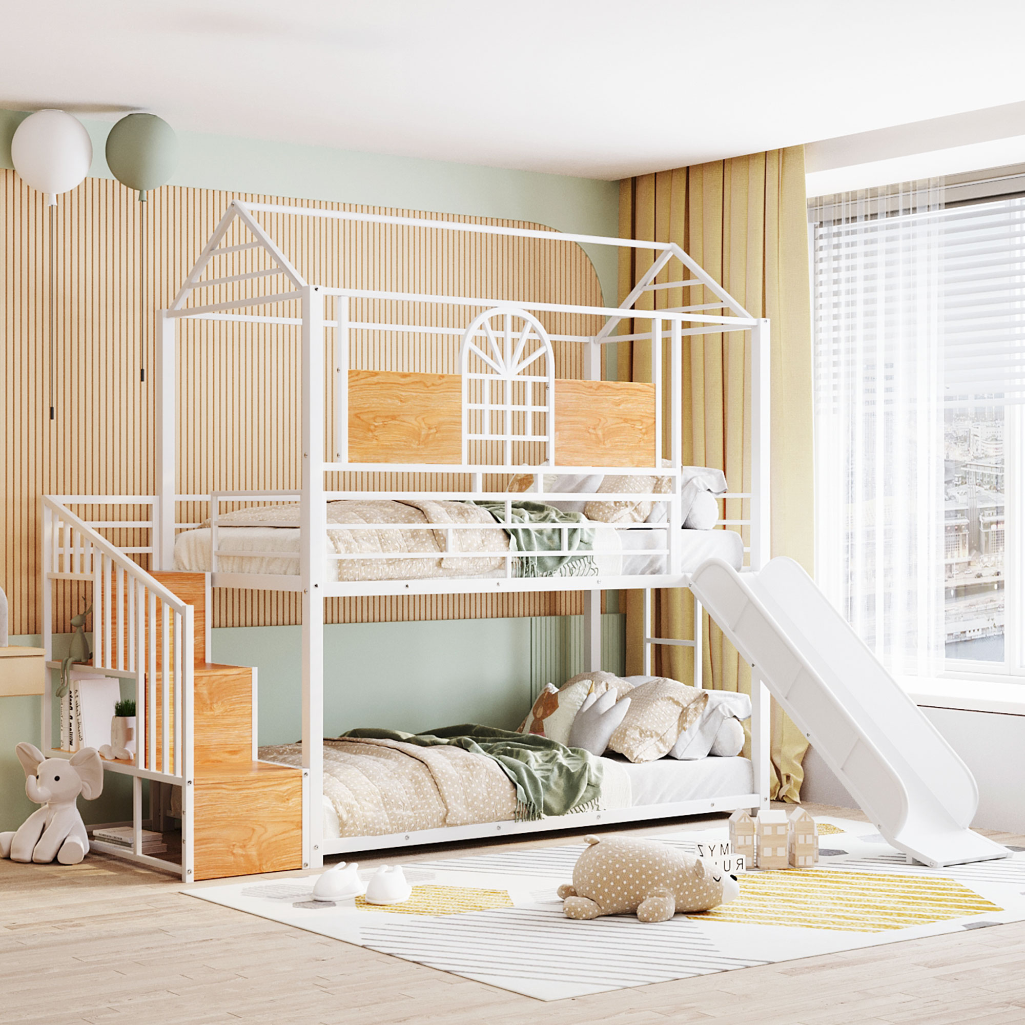 Metal Twin Over Twin Bunk Bed With Slide And Storage Stair