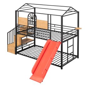 Metal Twin Over Twin Bunk Bed With Slide And Storage Stair