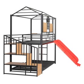 Metal Twin Over Twin Bunk Bed With Slide And Storage Stair