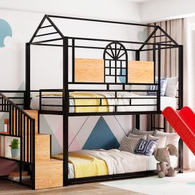Metal Twin Over Twin Bunk Bed With Slide And Storage Stair