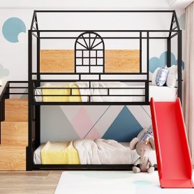 Metal Twin Over Twin Bunk Bed With Slide And Storage Stair