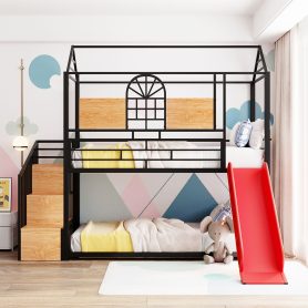 Metal Twin Over Twin Bunk Bed With Slide And Storage Stair