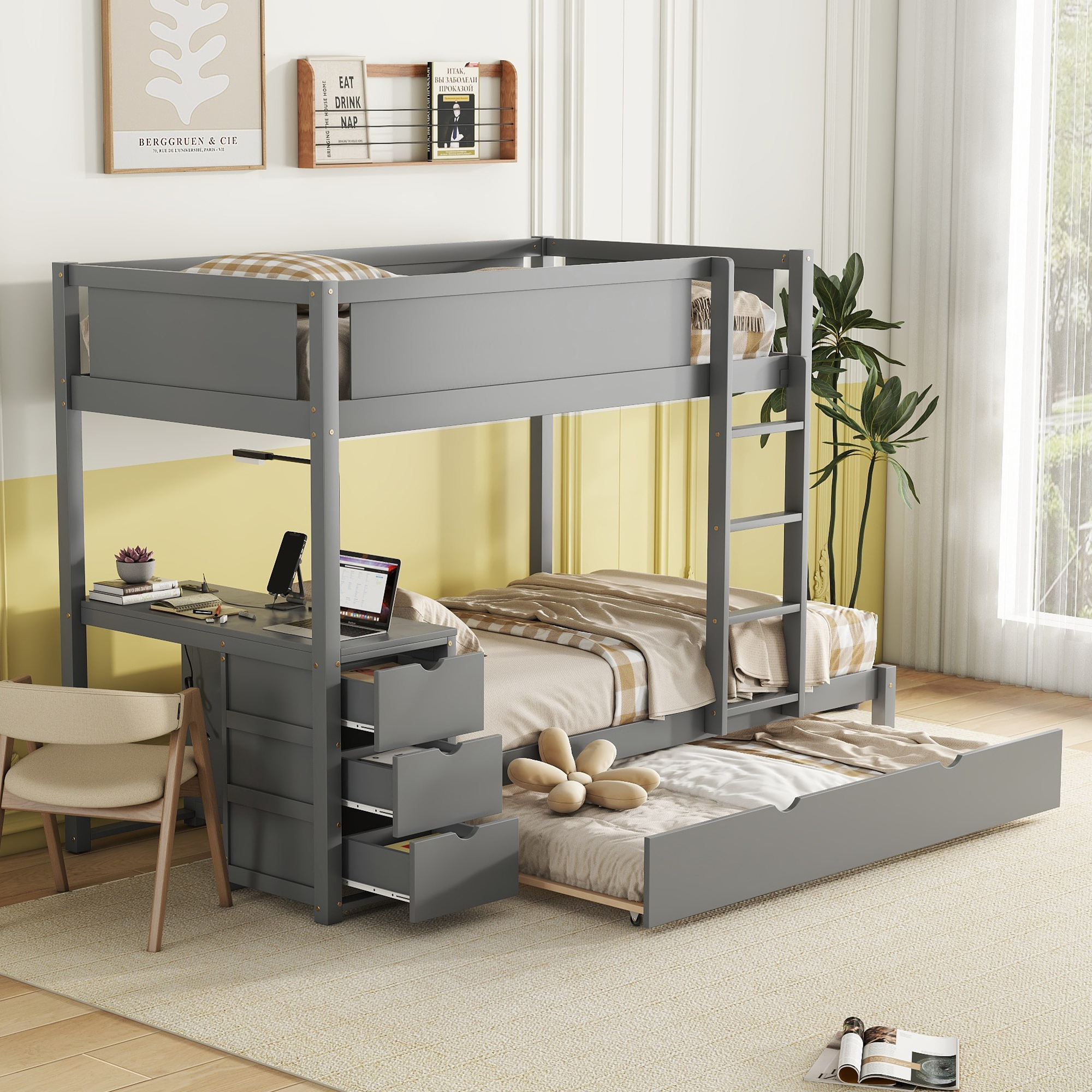 Twin-Over-Twin Bunk Bed with Twin size Trundle, Storage and Desk