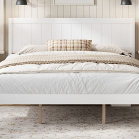 King Size Platform Bed Frame With Headboard, Wood Slat Support