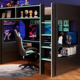 Twin Size Gaming Loft Bed with Integrated Desk, Lights and Built-in Charging Station