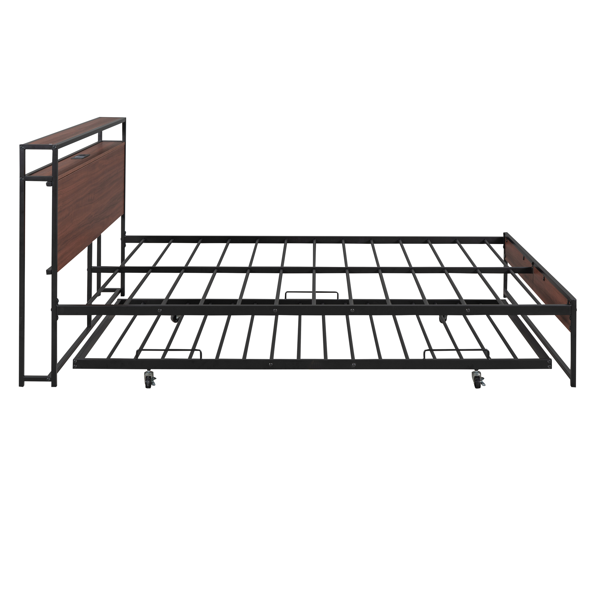 Queen Size Metal Platform Bed Frame with Trundle, USB Ports and Slat Support 7 Queen Size Metal Platform Bed Frame with Trundle, USB Ports and Slat Support