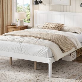 King Size Platform Bed Frame With Headboard, Wood Slat Support