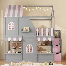 Full Over Full House Bunk Bed with Storage Staircase & Shelves