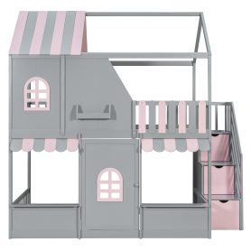 Full Over Full House Bunk Bed with Storage Staircase & Shelves