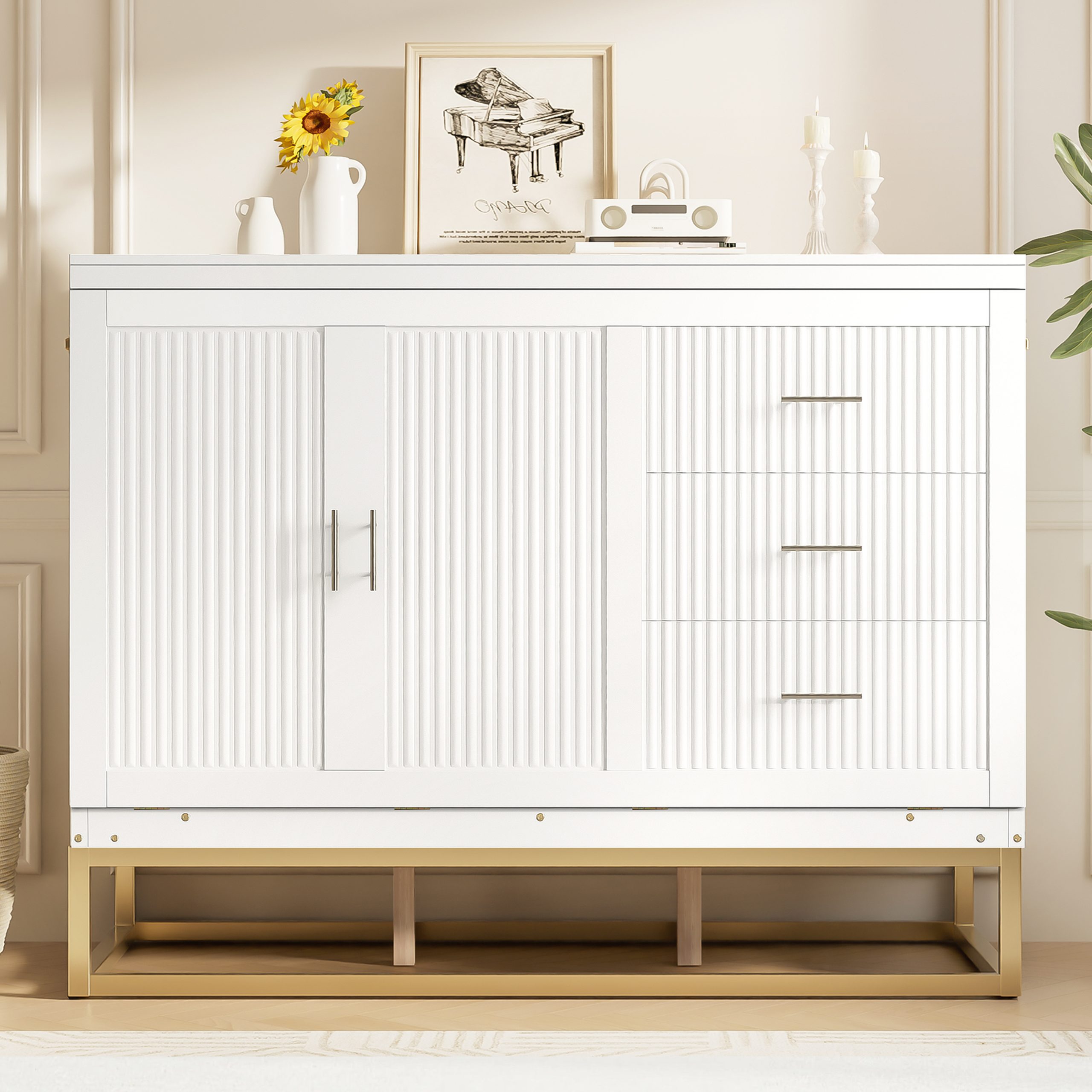 Murphy Queen Bed With Frosted Glass Doors Design, Fake Drawers, Metal Legs
