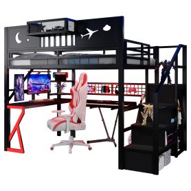 Metal Full Size Loft Bed With Stairs, High Guardrails And Beside Storage Shelf