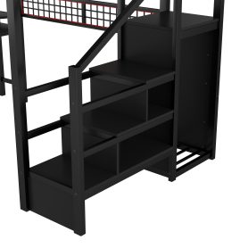 Metal Full Size Loft Bed With Stairs, High Guardrails And Beside Storage Shelf