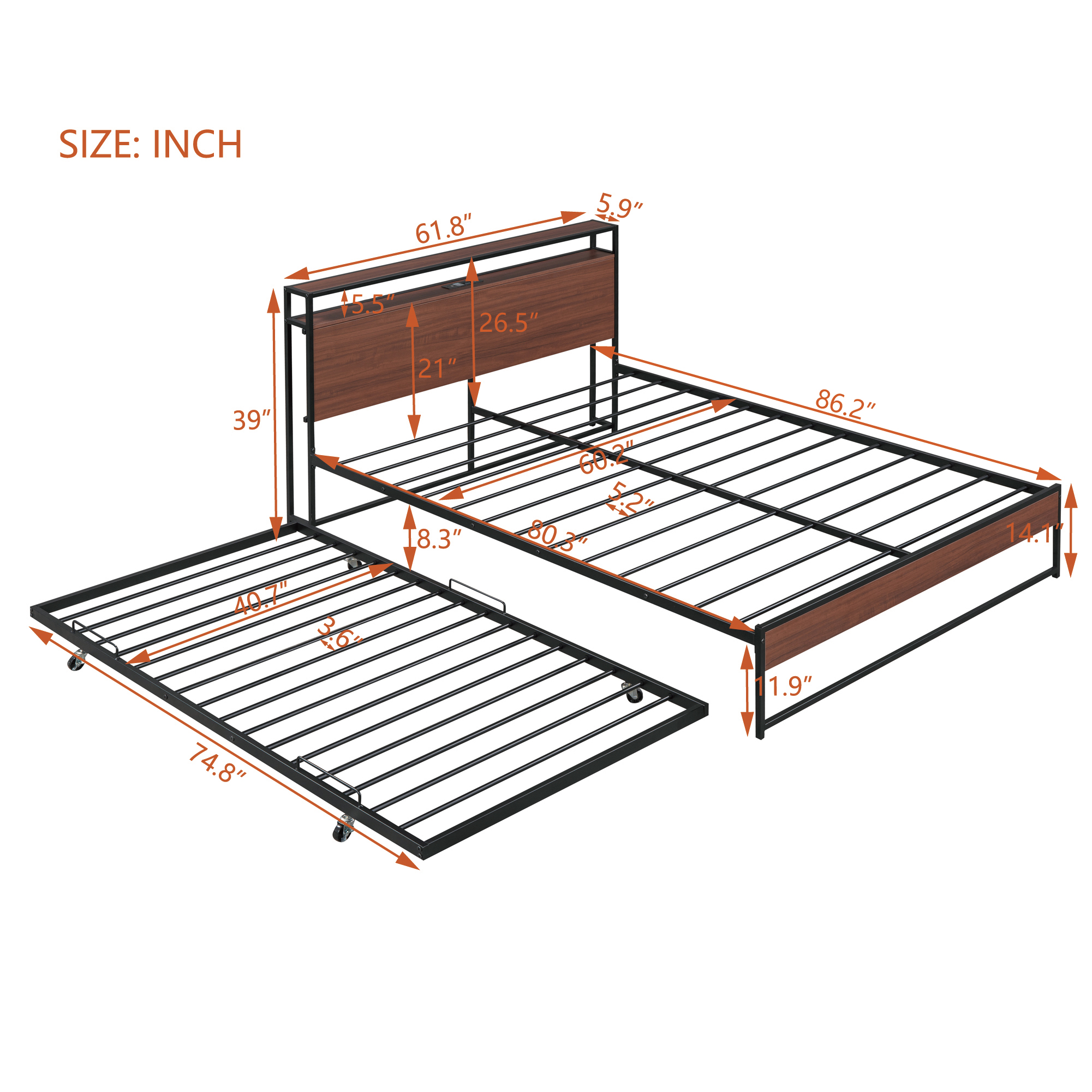 Queen Size Metal Platform Bed Frame with Trundle, USB Ports and Slat Support 14 Queen Size Metal Platform Bed Frame with Trundle, USB Ports and Slat Support