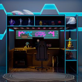 Full Size Gaming Loft Bed with Integrated Desk, Lights and Built-in Charging Station