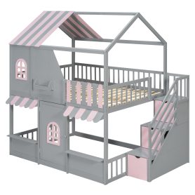 Full Over Full House Bunk Bed with Storage Staircase & Shelves