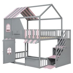 Full Over Full House Bunk Bed with Storage Staircase & Shelves