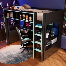 Twin Size Gaming Loft Bed with Integrated Desk, Lights and Built-in Charging Station
