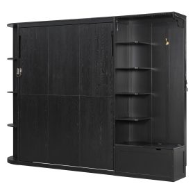 Queen Murphy Bed with Storage & Lights, Hidden Fold-Out Legs, Oak Veneer Finish, Built-in Shelves & Cabinets