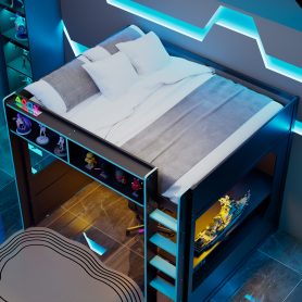Full Size Gaming Loft Bed with Integrated Desk, Lights and Built-in Charging Station