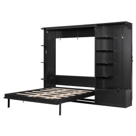 Queen Murphy Bed with Storage & Lights, Hidden Fold-Out Legs, Oak Veneer Finish, Built-in Shelves & Cabinets