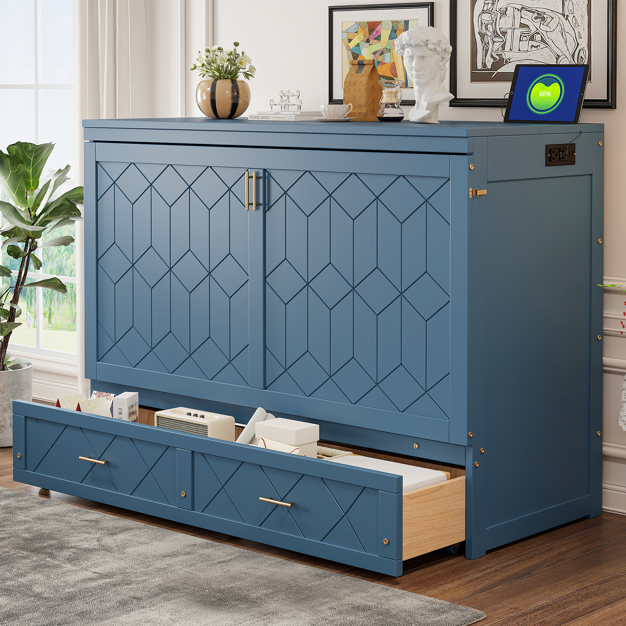 Queen Size Murphy Bed With Drawer And A Set Of Sockets & USB Ports