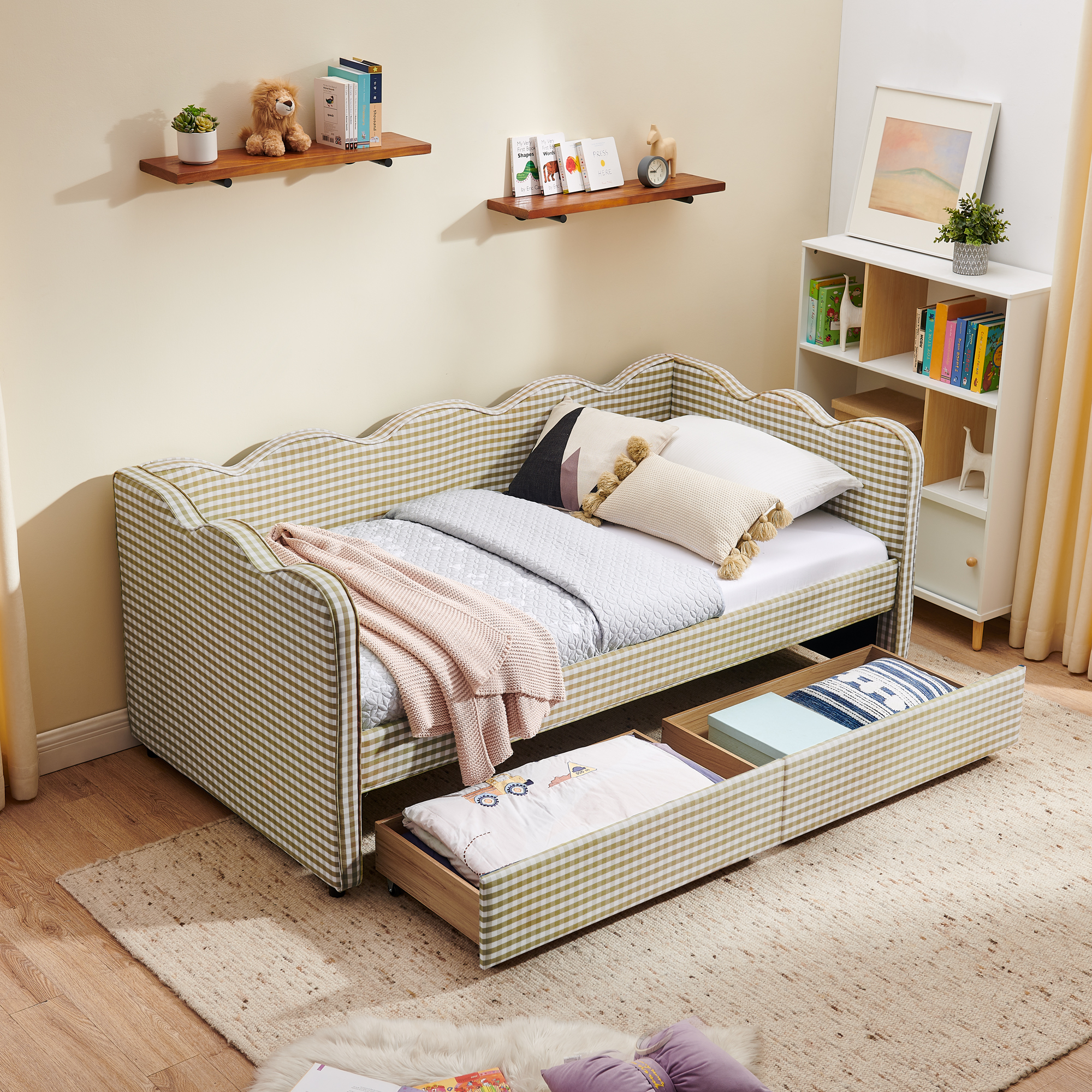 Twin Size Daybed With Two Storage Drawers, USB Port And Adorable Wave Shaped