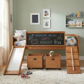 Twin Size Loft Bed Wood Bed With Two Storage Boxes