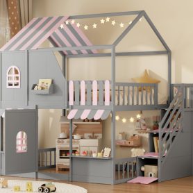 Full Over Full House Bunk Bed with Storage Staircase & Shelves