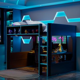 Full Size Gaming Loft Bed with Integrated Desk, Lights and Built-in Charging Station
