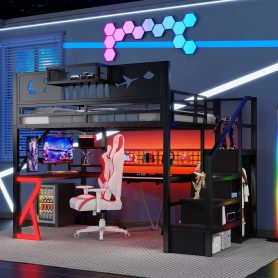 Metal Full Size Loft Bed With Stairs, High Guardrails And Beside Storage Shelf