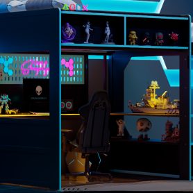 Full Size Gaming Loft Bed with Integrated Desk, Lights and Built-in Charging Station