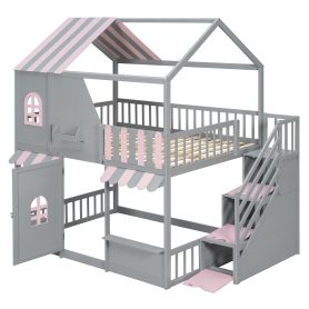 Full Over Full House Bunk Bed with Storage Staircase & Shelves