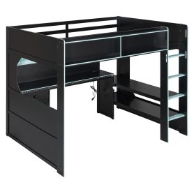 Full Size Gaming Loft Bed with Integrated Desk, Lights and Built-in Charging Station