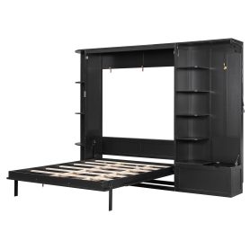 Queen Murphy Bed with Storage & Lights, Hidden Fold-Out Legs, Oak Veneer Finish, Built-in Shelves & Cabinets