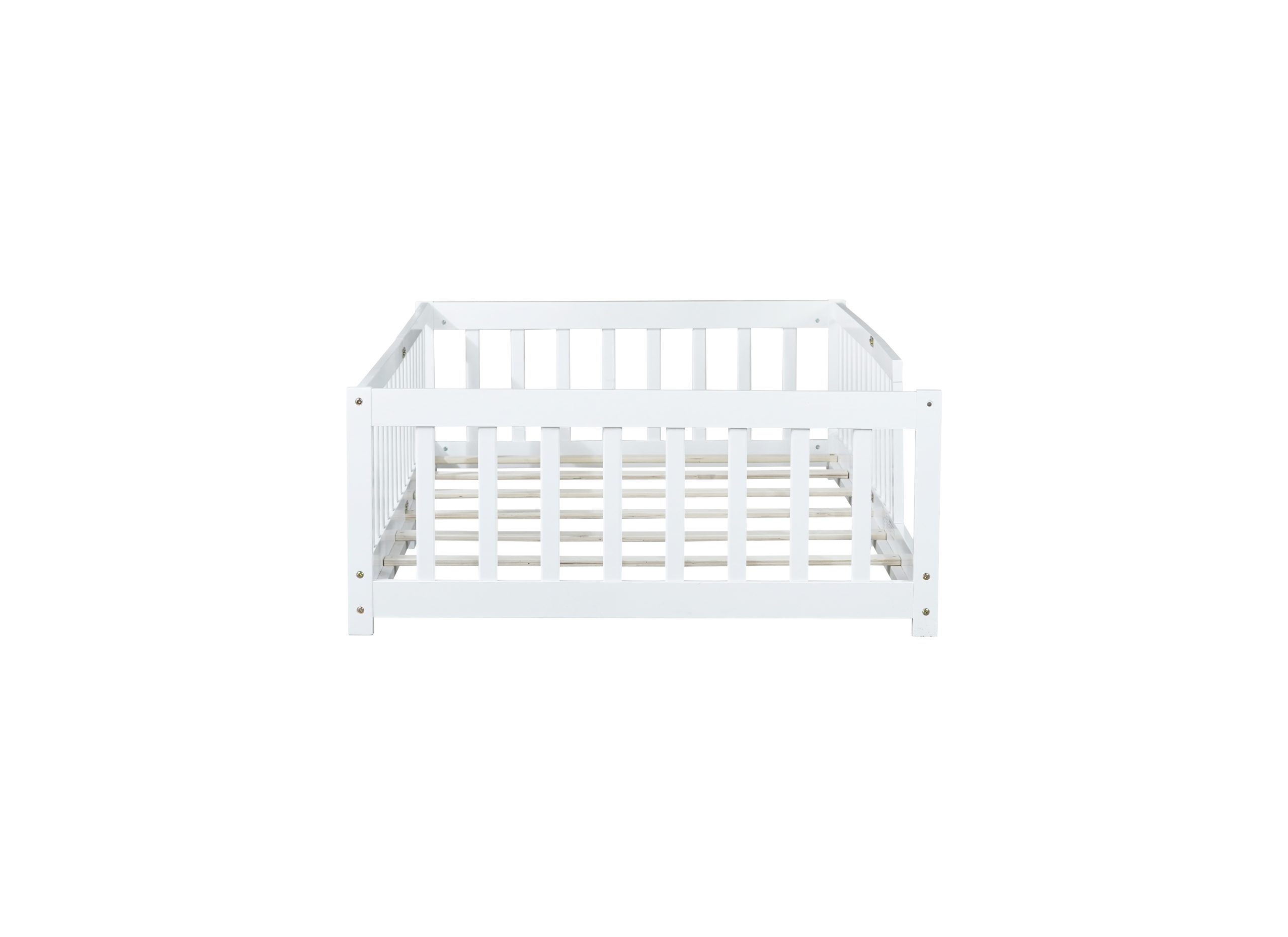 Rubber Wood Twin Size Floor Bed With Fence and Safety Guardrails