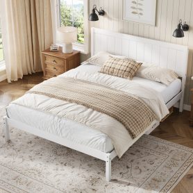 King Size Platform Bed Frame With Headboard, Wood Slat Support