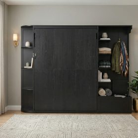 Queen Murphy Bed with Storage & Lights, Hidden Fold-Out Legs, Oak Veneer Finish, Built-in Shelves & Cabinets