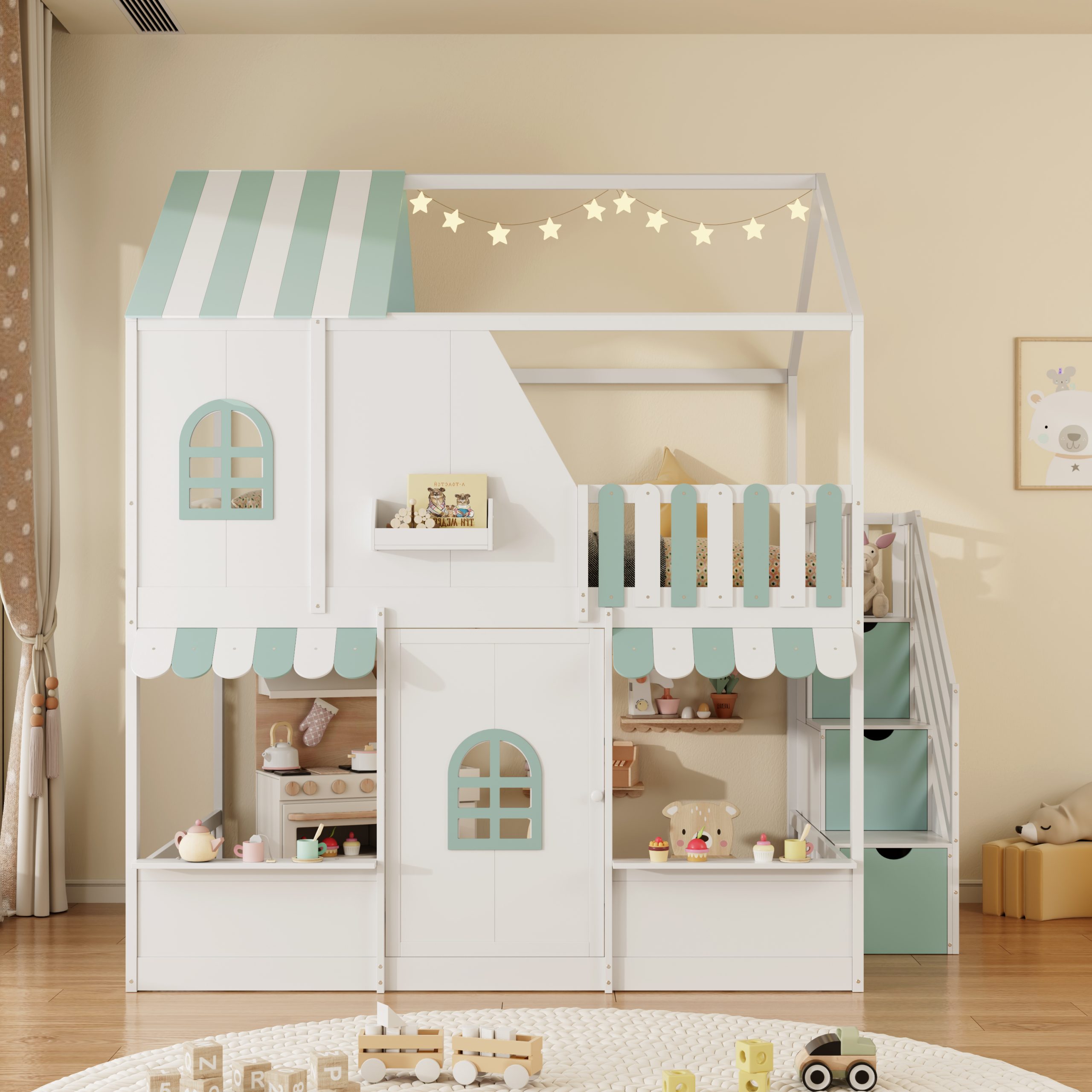 Full Over Full House Bunk Bed with Storage Staircase & Shelves