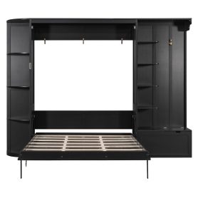 Queen Murphy Bed with Storage & Lights, Hidden Fold-Out Legs, Oak Veneer Finish, Built-in Shelves & Cabinets