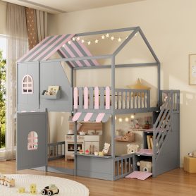 Full Over Full House Bunk Bed with Storage Staircase & Shelves