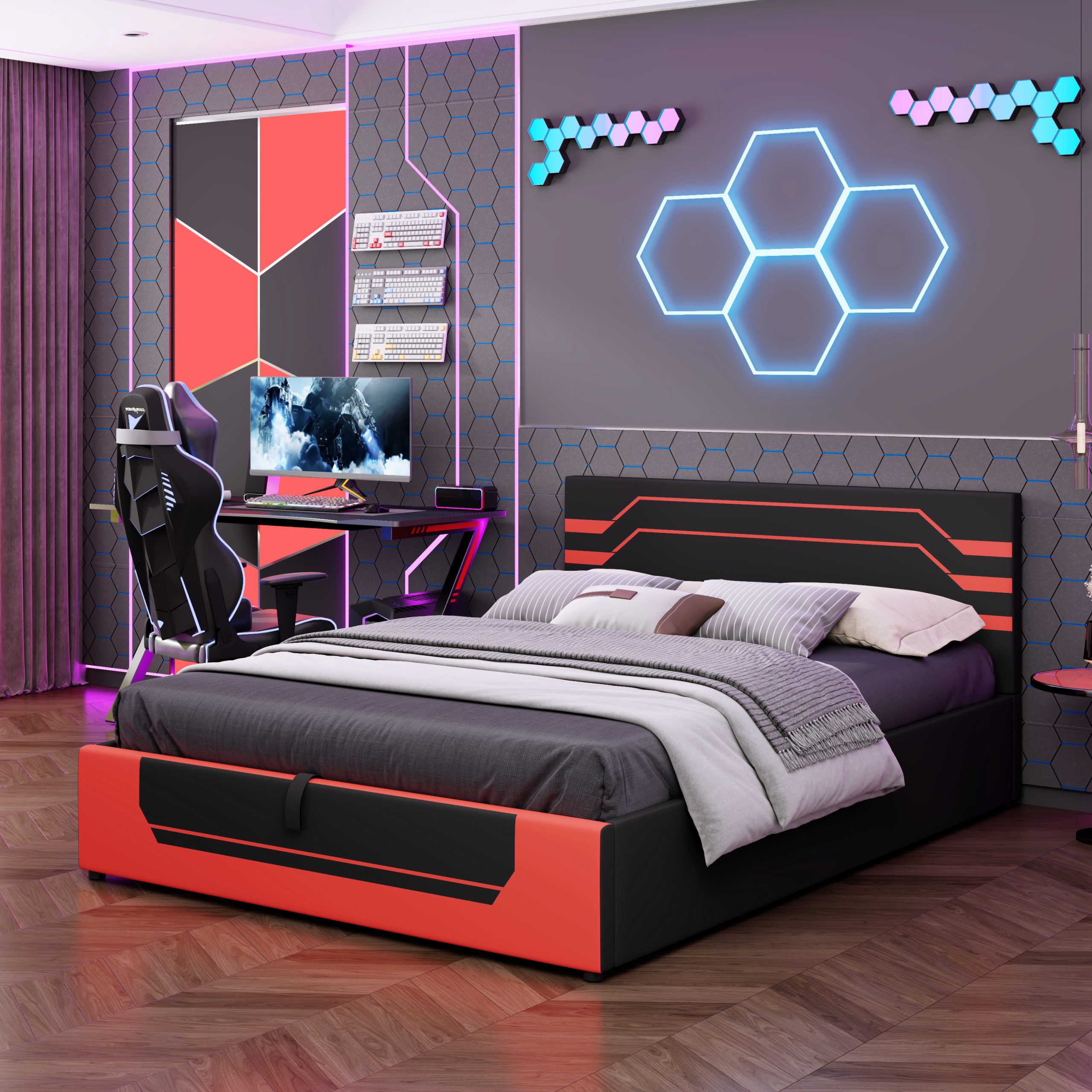 Modern Queen Size Hydraulic Storage Gaming Bed Frame
