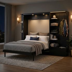 Queen Murphy Bed with Storage & Lights, Hidden Fold-Out Legs, Oak Veneer Finish, Built-in Shelves & Cabinets