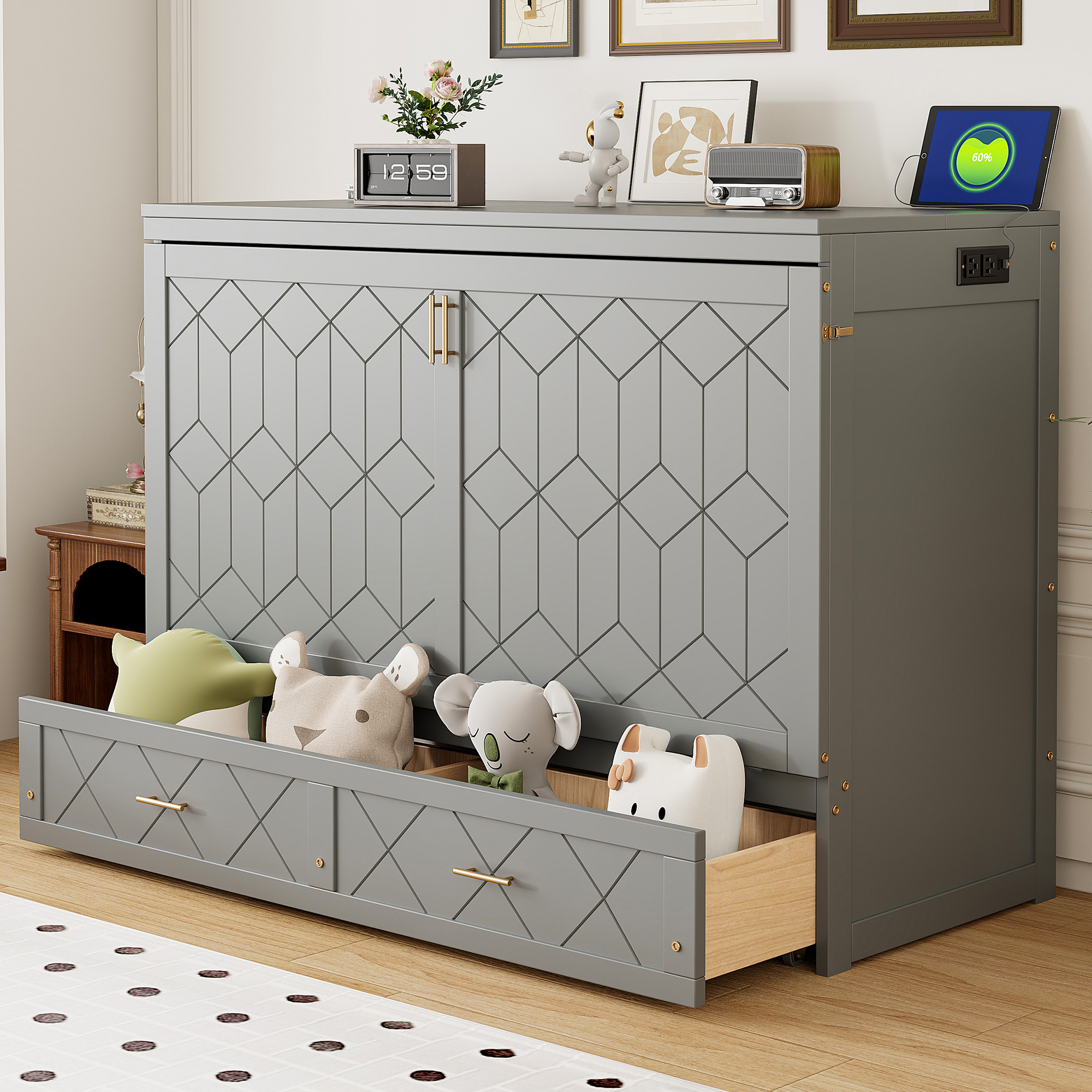 Queen Size Murphy Bed With Drawer And A Set Of Sockets & USB Ports