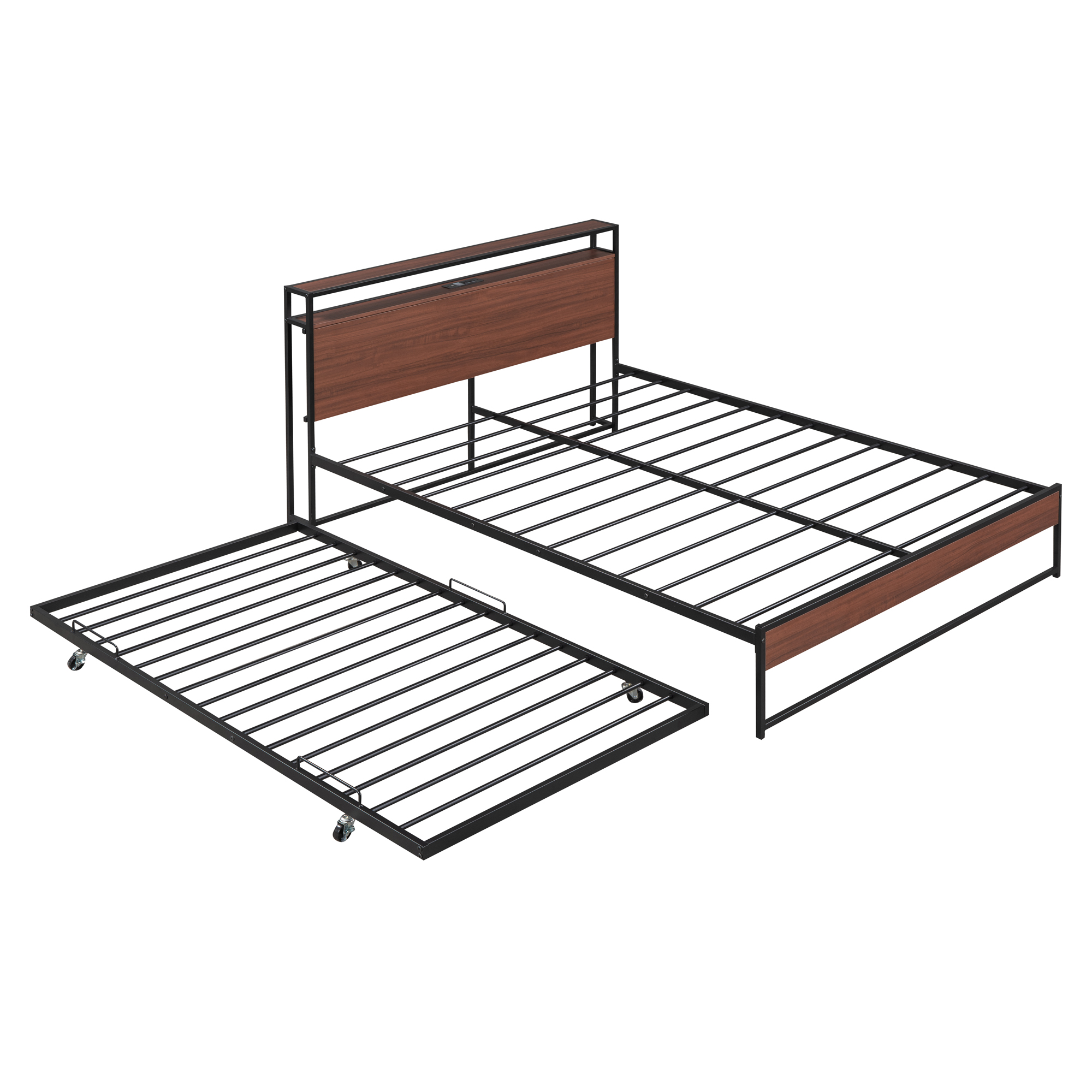Queen Size Metal Platform Bed Frame with Trundle, USB Ports and Slat Support 6 Queen Size Metal Platform Bed Frame with Trundle, USB Ports and Slat Support