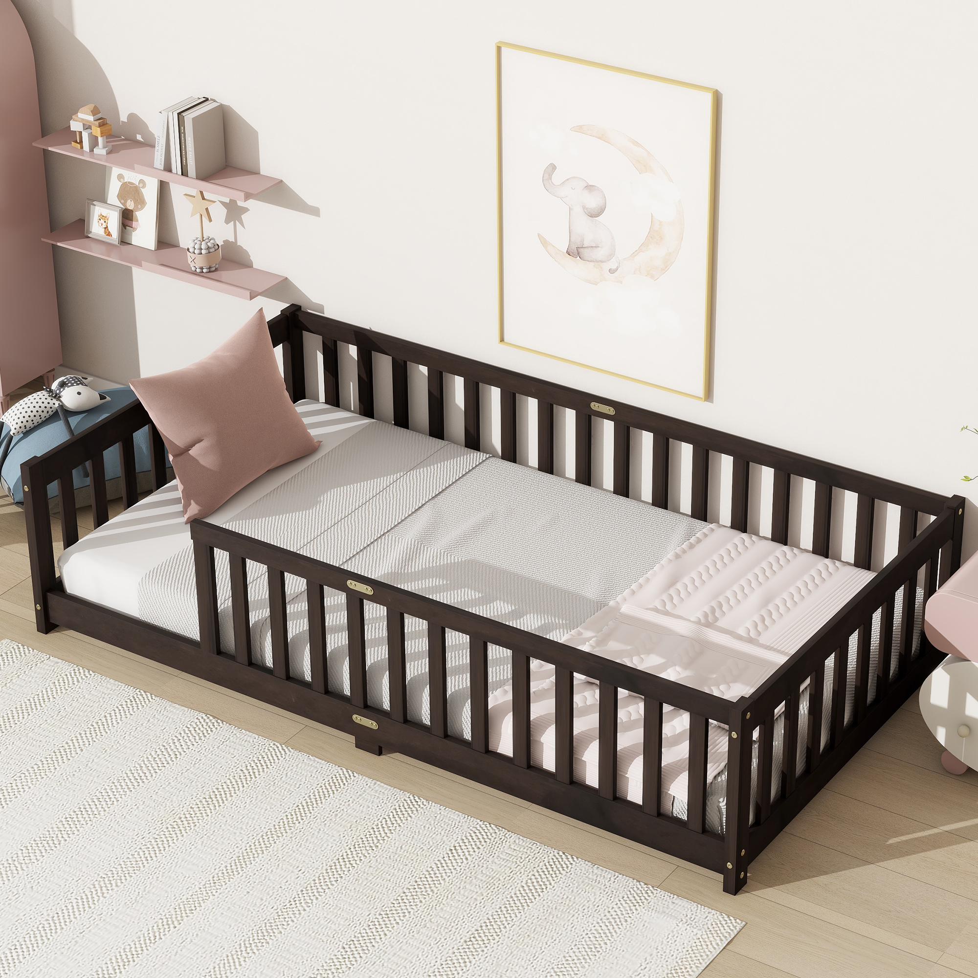 Rubber Wood Twin Size Floor Bed With Fence and Safety Guardrails